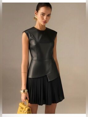 Commense Pleated Panel Sleeveless PU Leather Dress